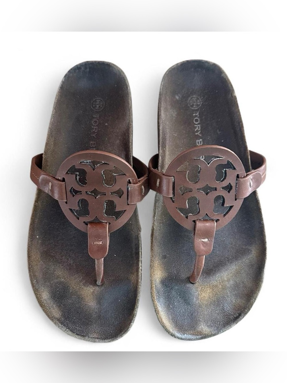 Tory Burch Miller Cloud Leather Brown Logo Sandals